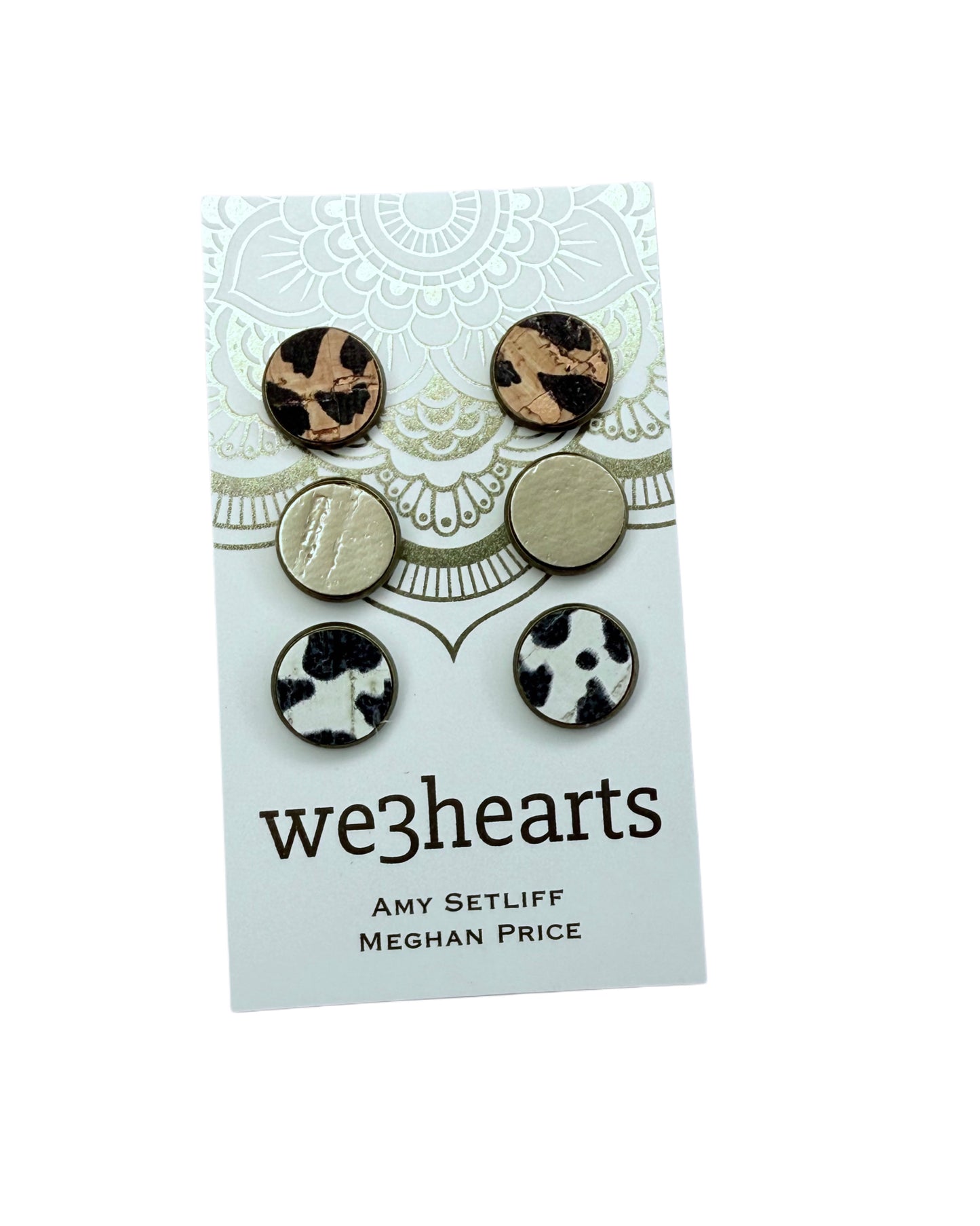Leather & Cork Stud Trio Earrings-Animal Print