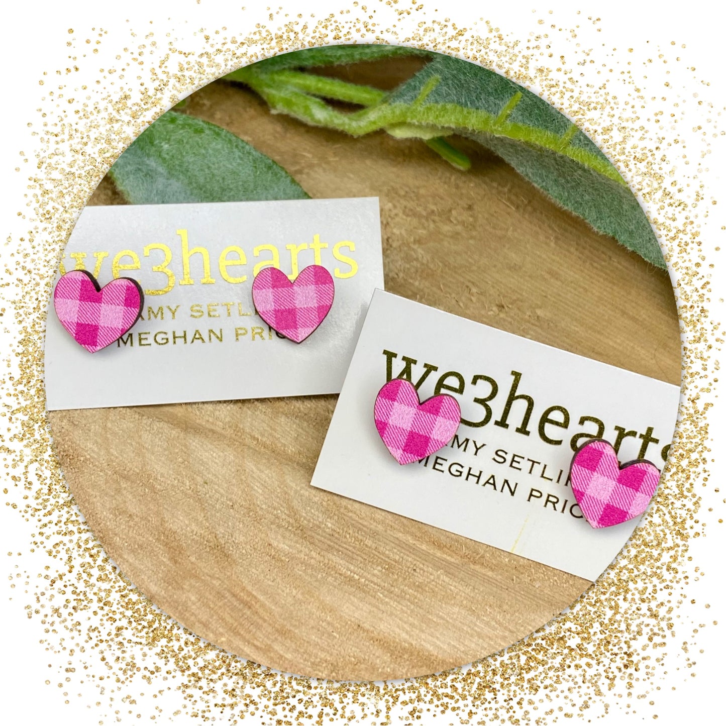 Wood Plaid Heart Studs-Pink Plaid