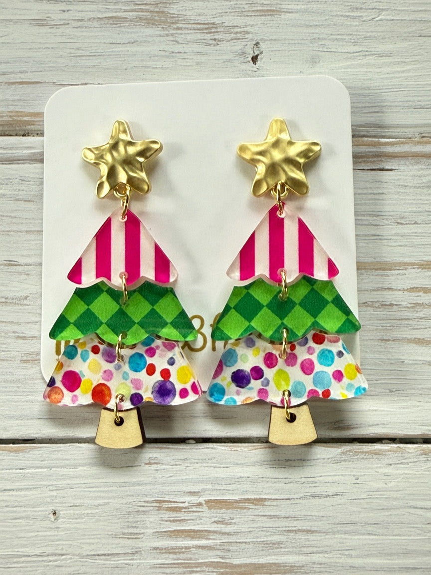 Christmas Tree Earrings-Multicolor Pink & Green-Christmas in July