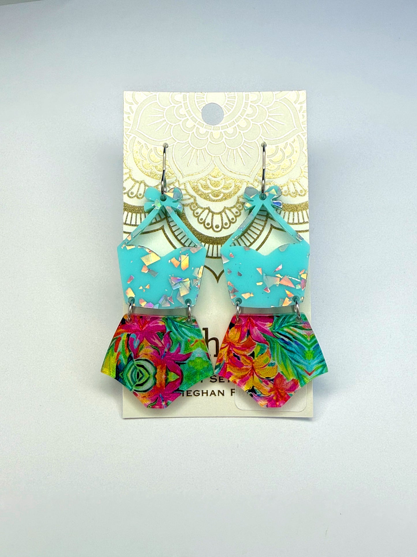 Sale! Blue Holographic Flake & Floral Acrylic Swimsuit Earrings