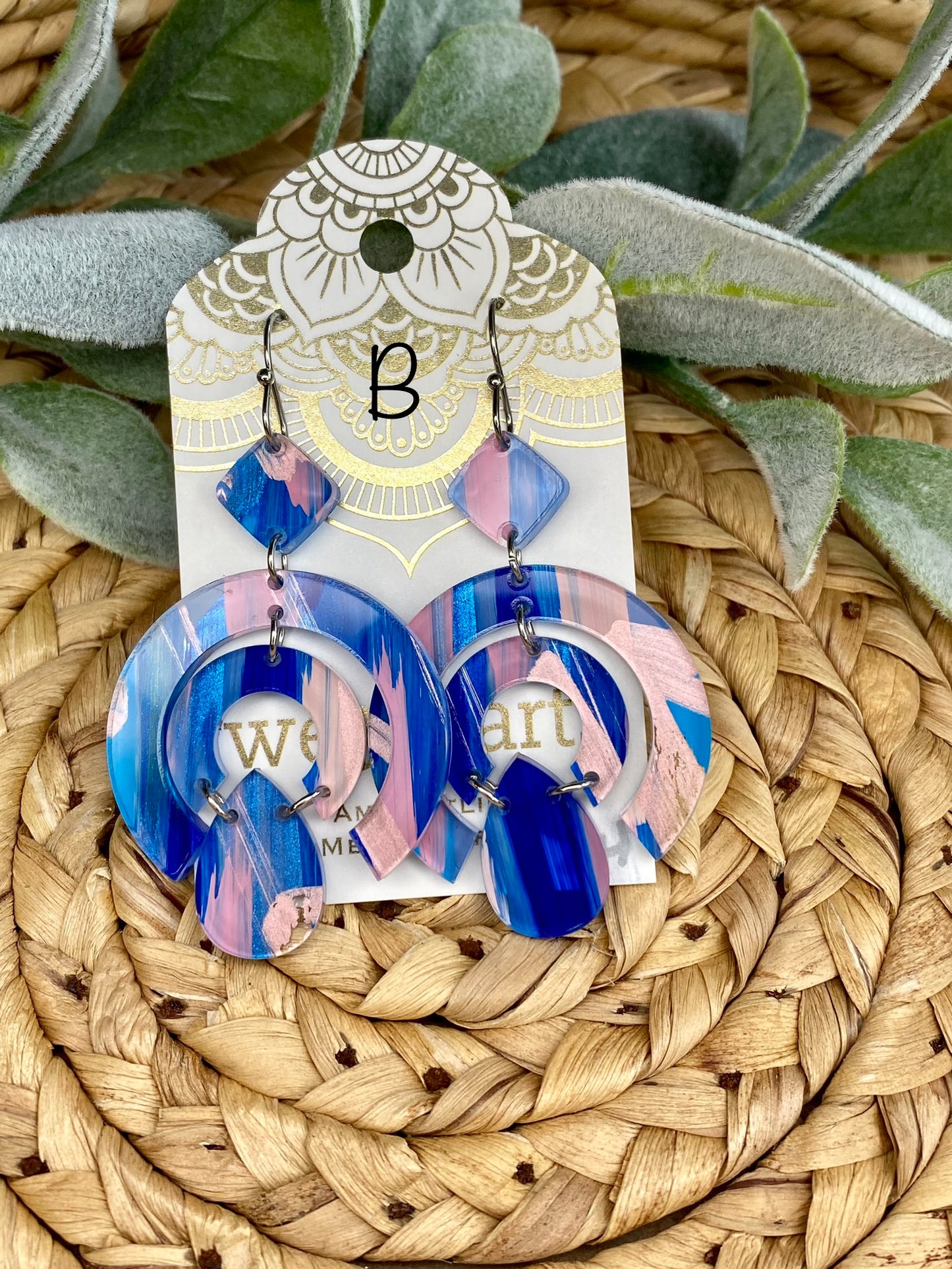 SALE! Blue/Pink Hand Painted Acrylic Round Earrings