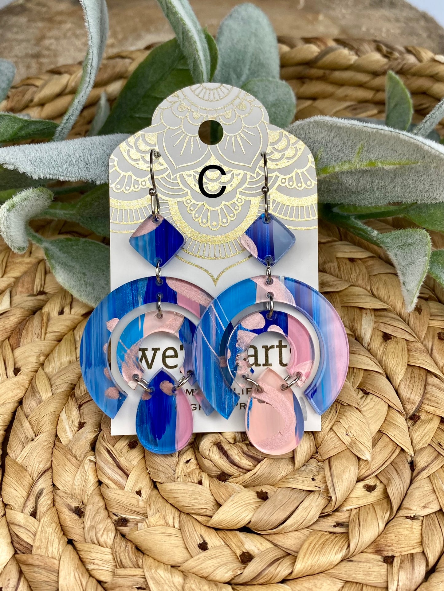 SALE! Blue/Pink Hand Painted Acrylic Round Earrings