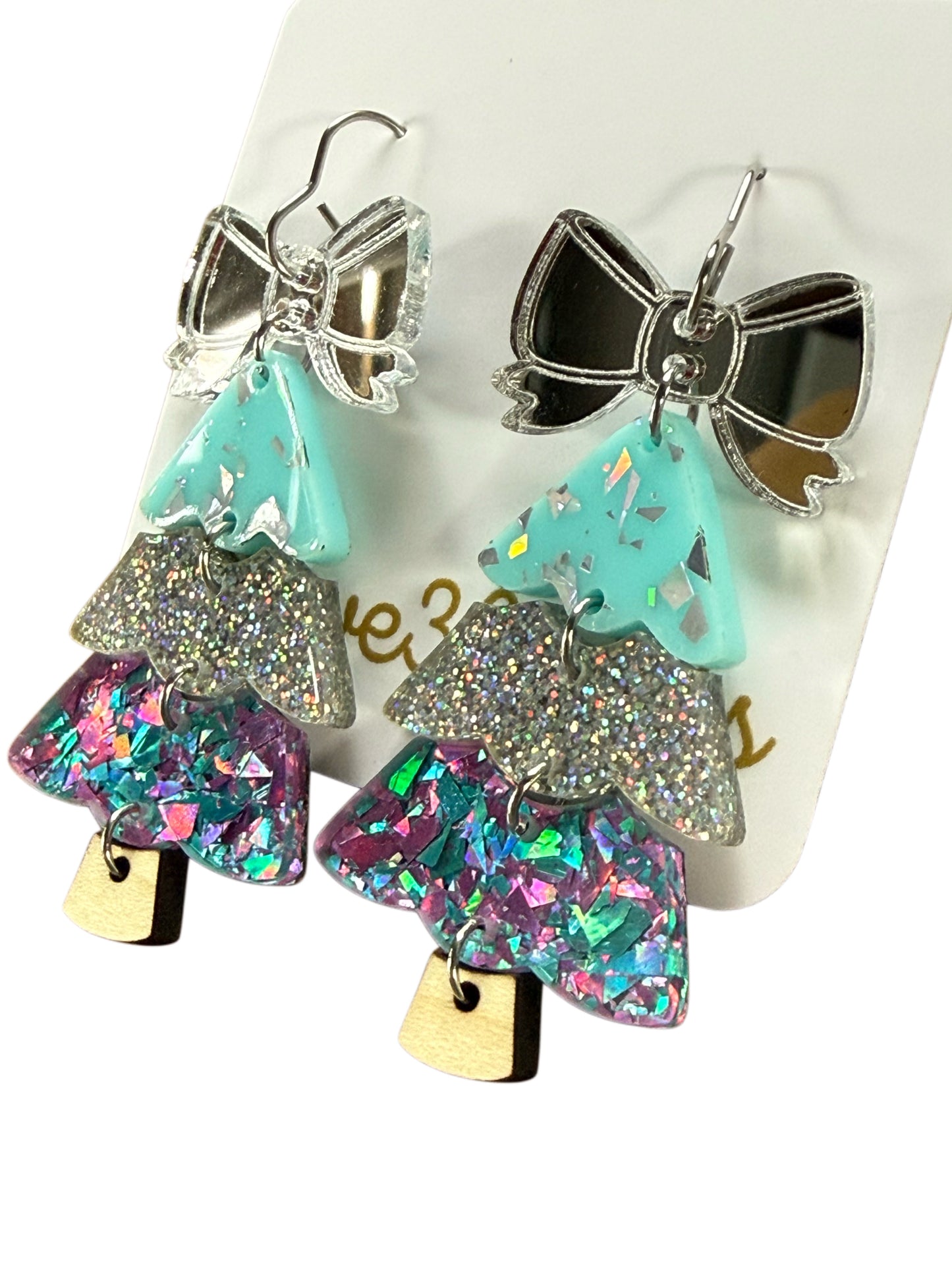 Christmas Tree Earrings-Teal & Silver