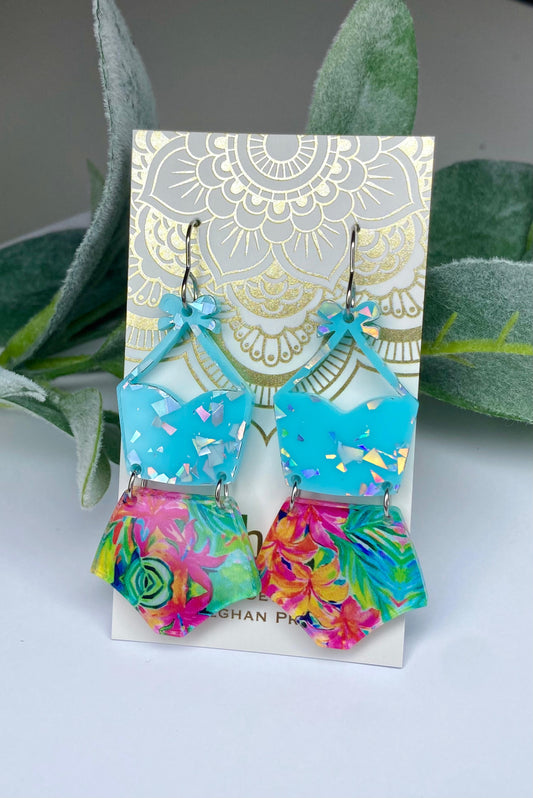 New! Blue Holographic Flake & Floral Acrylic Bathing Suit Earrings