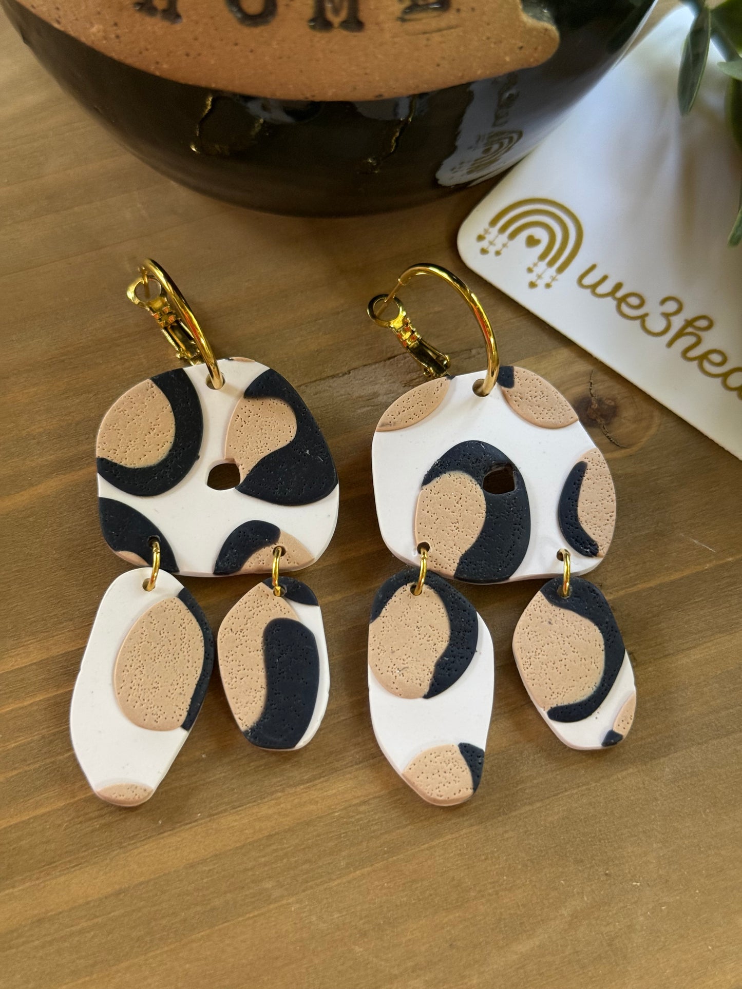 Clay Earrings-Natural & Black Leopard