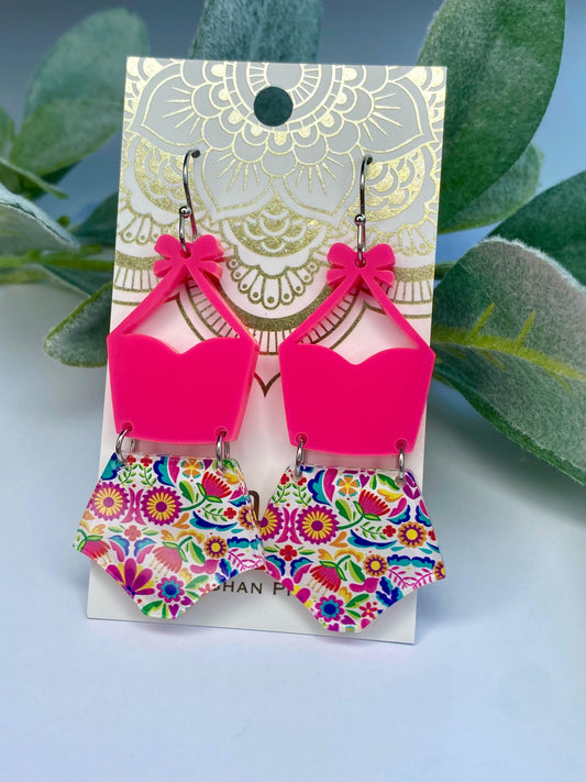 New! Hot Pink Floral Acrylic Bathing Suit Earrings