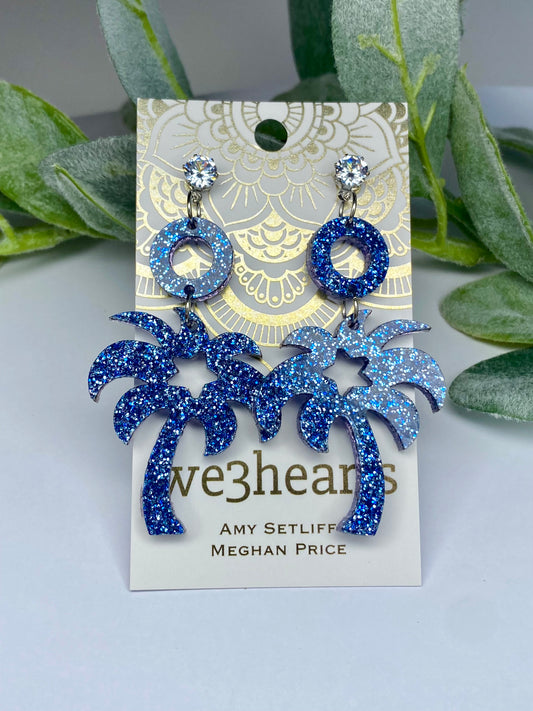 Sale! Glitter Blue Acrylic Palm Tree Earrings