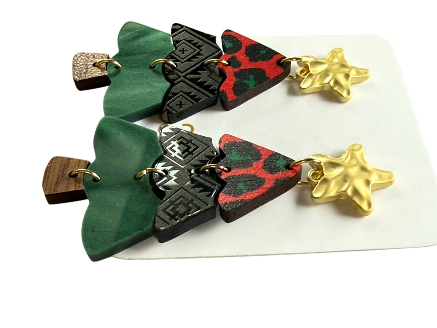 Christmas Tree Earrings-Leopard Green and Red-Christmas in July