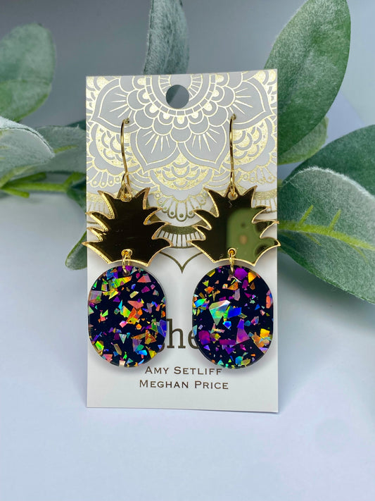 Sale! Black Holographic Flake Pineapple Acrylic Earrings