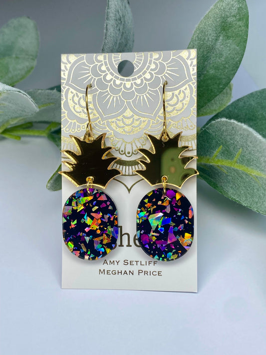 New! Black Holographic Flake Pineapple Acrylic Earrings