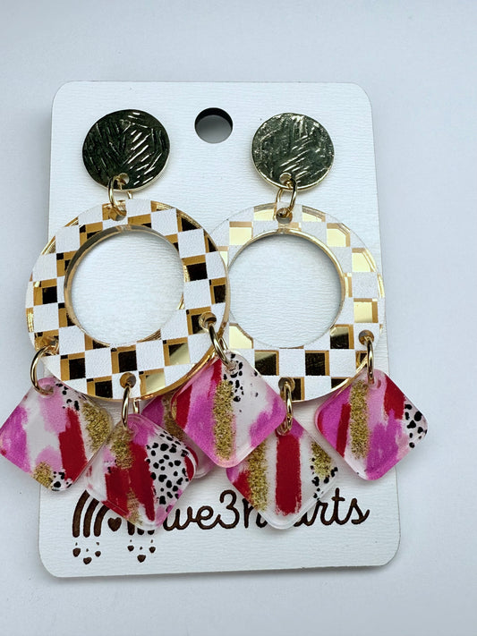 New! Disco Acrylic Earrings-Gold & Pink