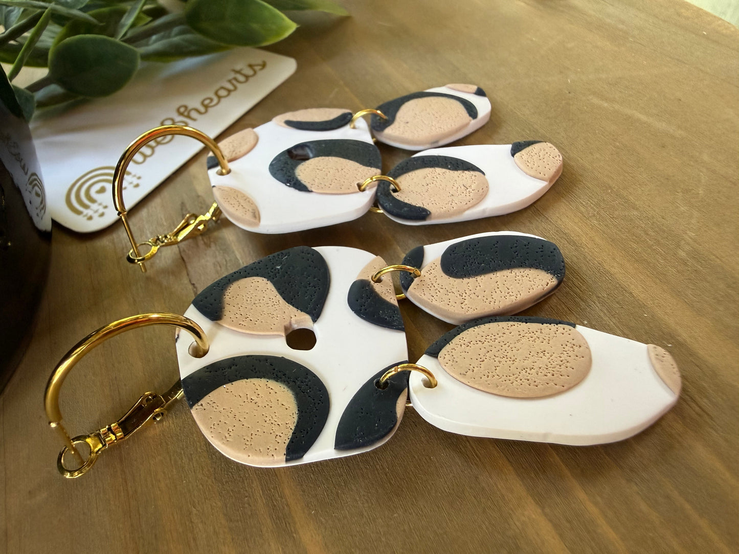 Clay Earrings-Natural & Black Leopard
