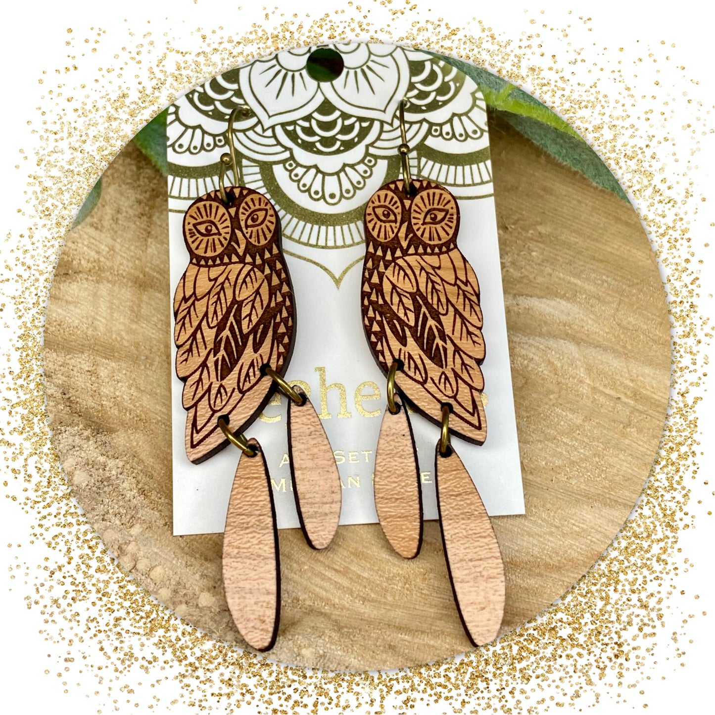 Owl Wood Dangle Earrings
