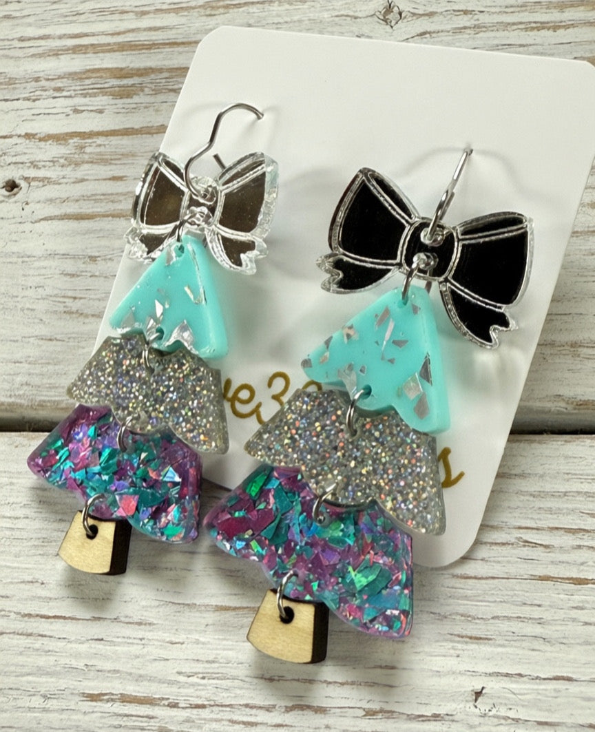 Christmas Tree Earrings-Teal & Silver