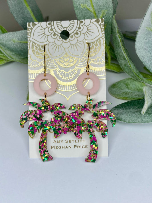 Sale! Pink & Multi Glitter Acrylic Palm Tree Earrings