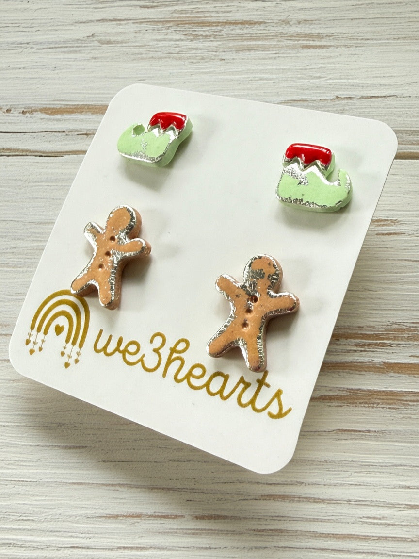 Clay Studs-Elf Shoe & Gingerbread Man-Christmas in July