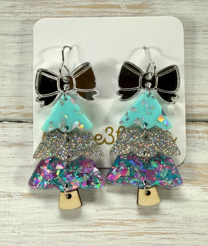 Christmas Tree Earrings-Teal & Silver