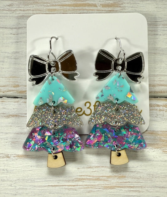 Christmas Tree Earrings-Teal & Silver