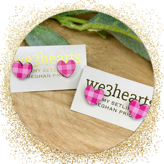 Wood Plaid Heart Studs-Pink Plaid