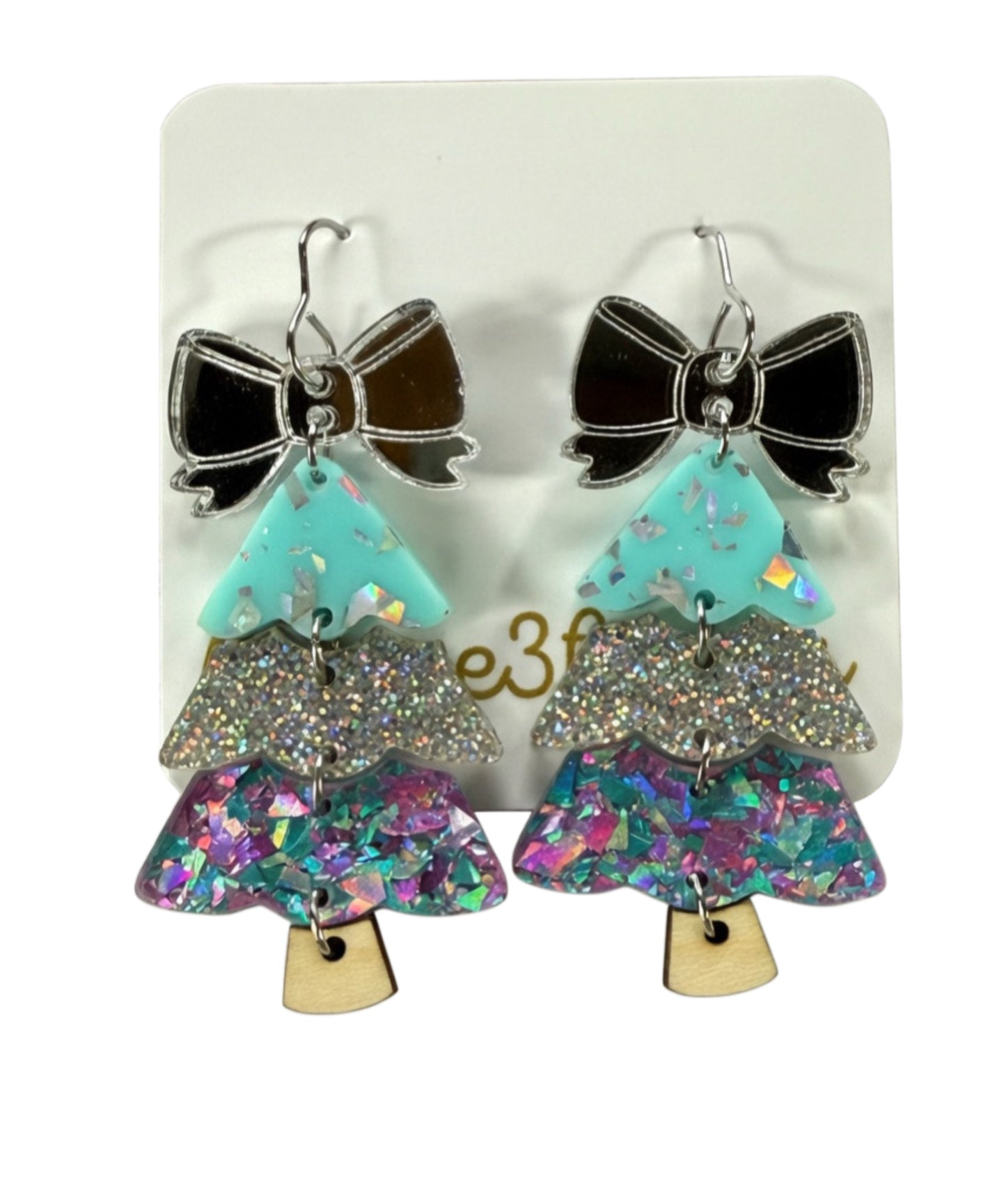Christmas Tree Earrings-Teal & Silver