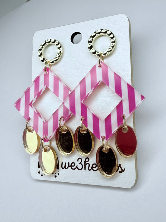 New! Beau Acrylic Earrings-Pink Stripe & Gold