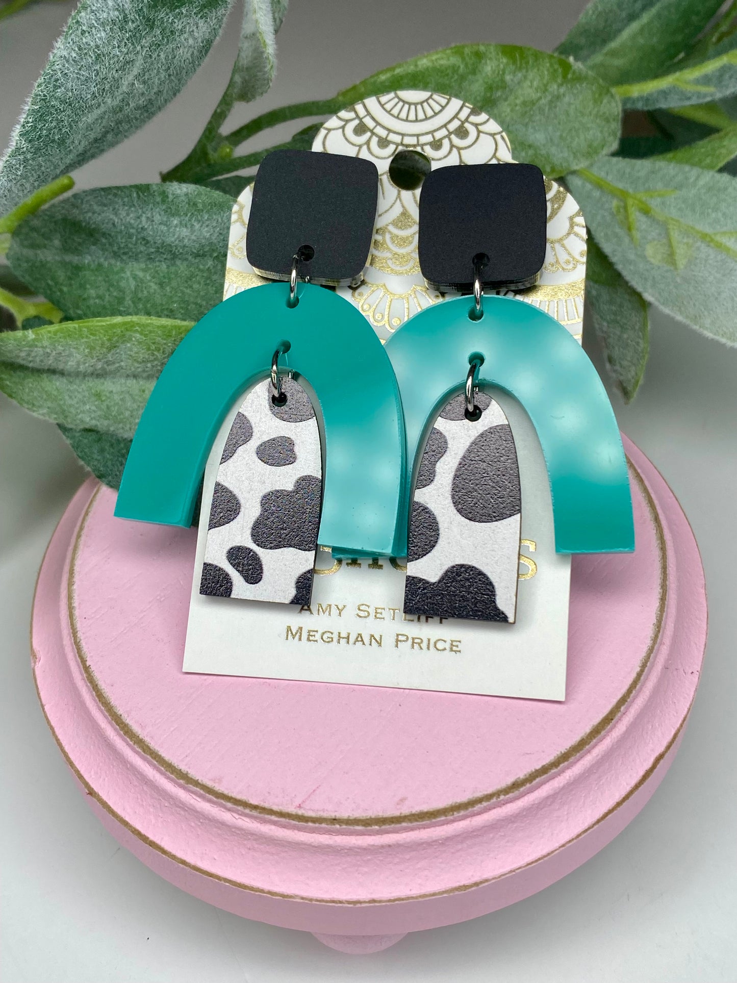 Rainbow Teal & Cow Print Earrings-Acrylic & Wood