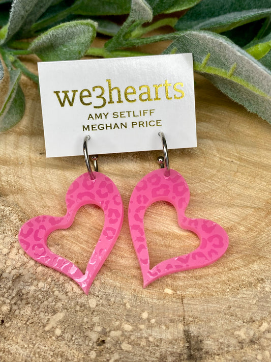 Bright Pink Leopard Acrylic Heart Cut Out Hoops