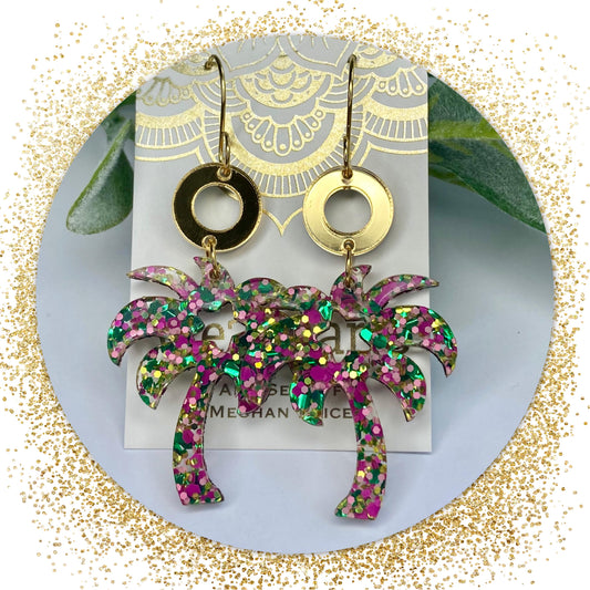 New! Glitter & Gold Acrylic Palm Tree Earrings