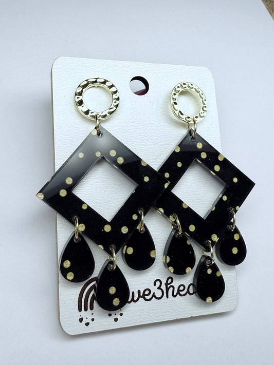 New! Beau Acrylic Earrings-Black & Gold Dot