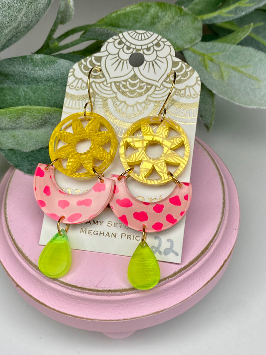 SALE! Hand Painted Yellow & Pink Acrylic Earrings