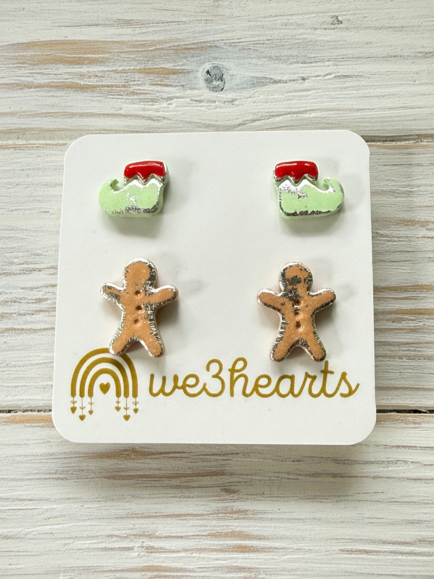 Clay Studs-Elf Shoe & Gingerbread Man-Christmas in July