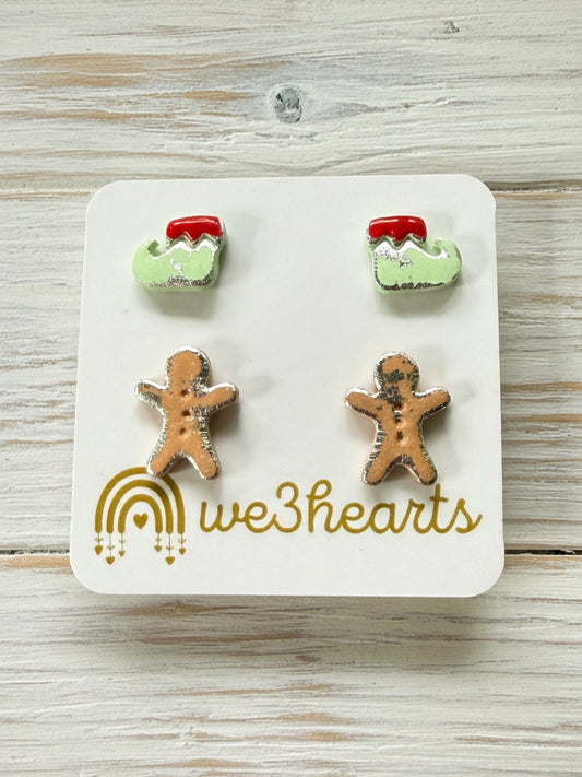 Clay Studs-Elf Shoe & Gingerbread Man-Christmas in July