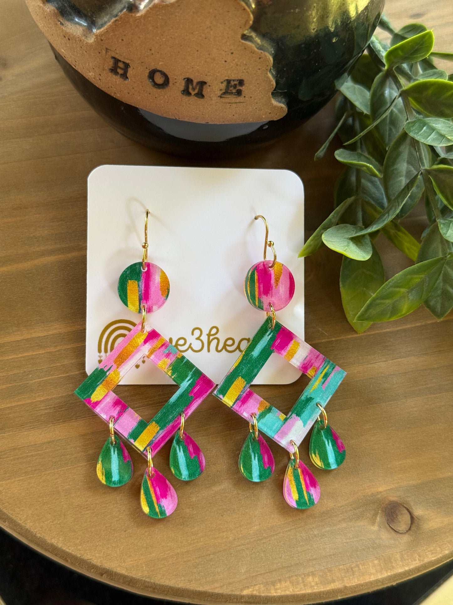 Acrylic Earrings-Pink, Green, Gold-Christmas in July