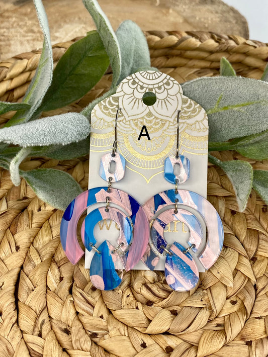 SALE! Blue/Pink Hand Painted Acrylic Round Earrings
