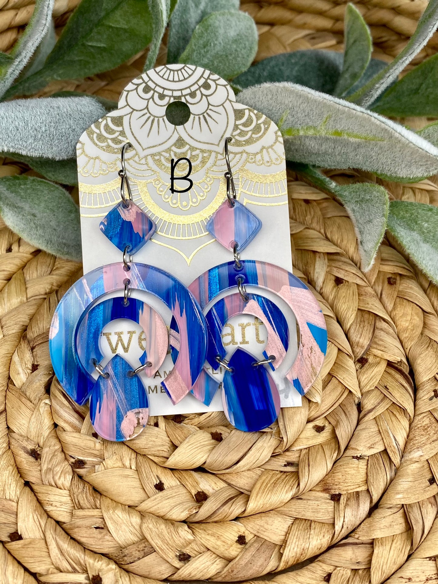 FINAL SALE! Blue/Pink Hand Painted Acrylic Round Earrings