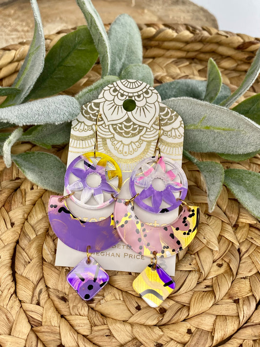 SALE! Hand Painted Purple & Yellow Acrylic Earrings