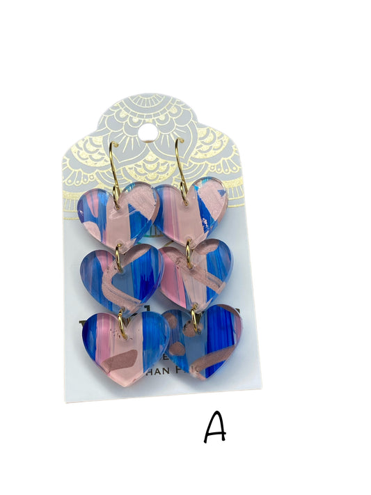 SALE! 3 Hearts Hand Painted Acrylic Earrings